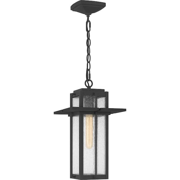 Quoizel Randall 9 in. 1-Light Mottled Black Outdoor Pendant-Light with Clear Seeded Glass