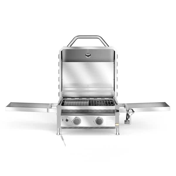 16,000 BTU Tabletop Portable Propane Grill with Side Shelf in Stainless Steel