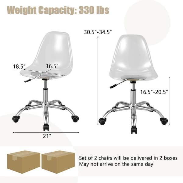 Costway Set of 2 Rolling Acrylic Armless Desk Chair Swivel Vanity - 21'' x 18.5'' x 30.5''-34.5''(L x W x H) - Clear