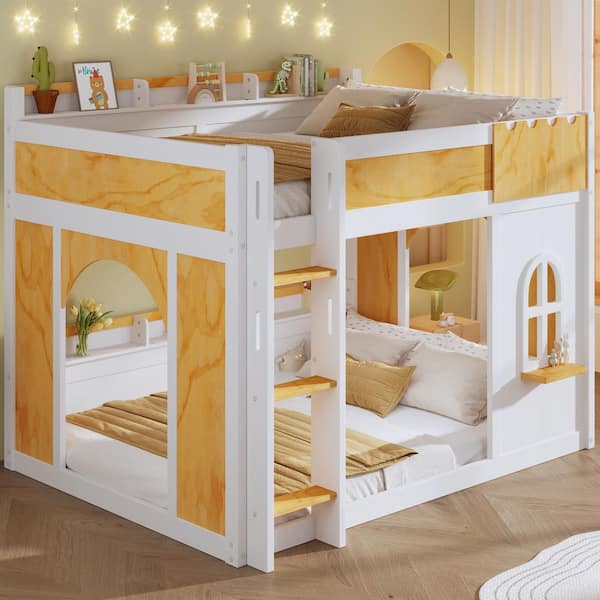 White and Natural Full Over Full Bunk Bed with Storage Shelves, Window and 2-Doors