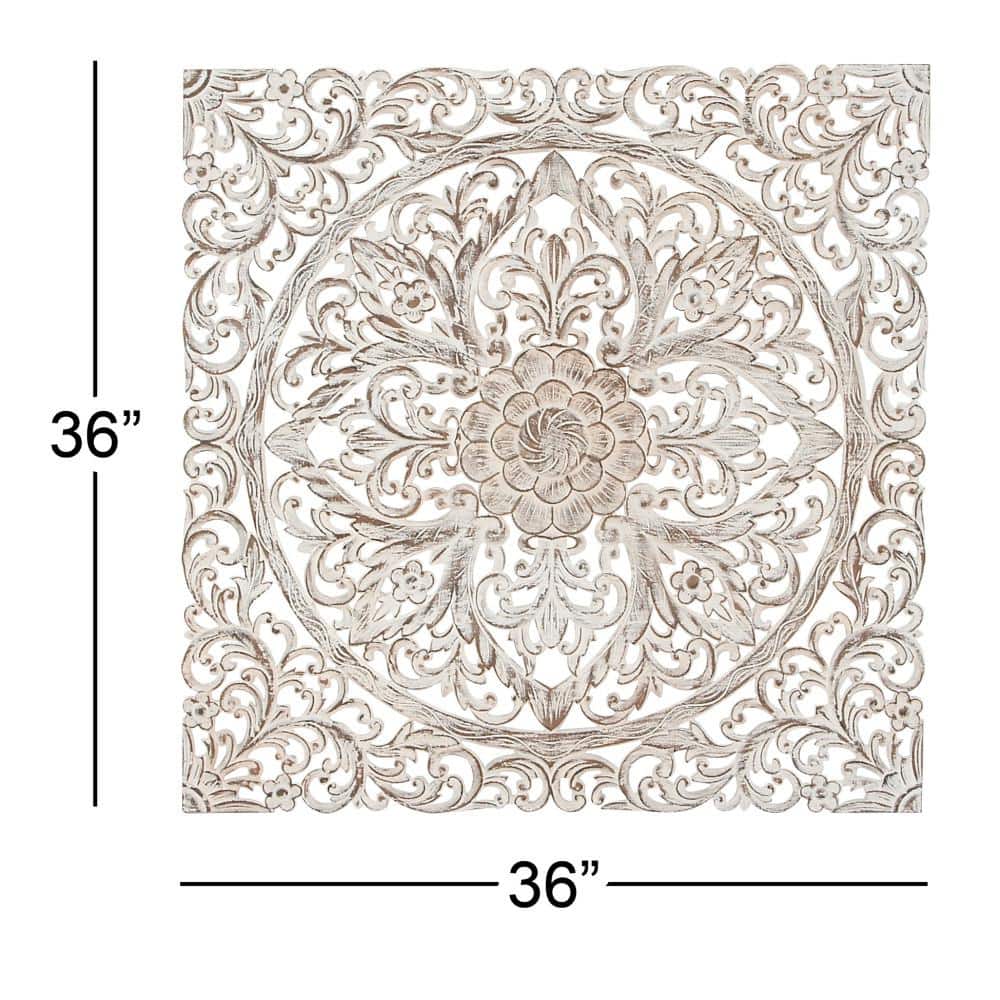 Brown and White Carved Floral Mandala Wood Wall Decor