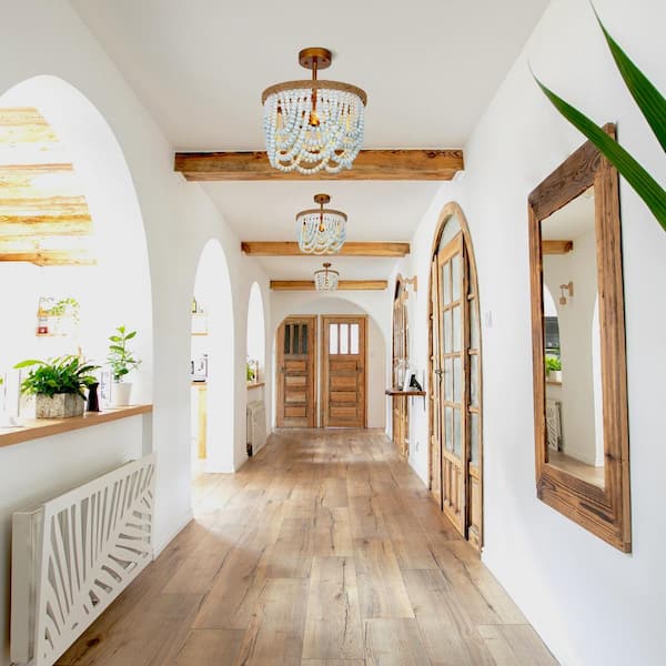 Modern Farmhouse Beaded Semi-Flush Mount Light, 3-Light Gold Classic Boho Ceiling Light with Handmade Blue Wood Beads