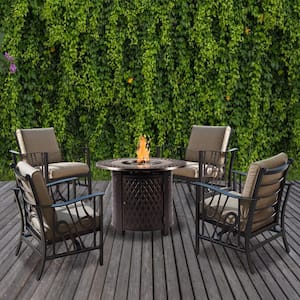 Bronze 5-Piece Aluminum Patio Fire Pit Deep Seating Set with Beige Cushions