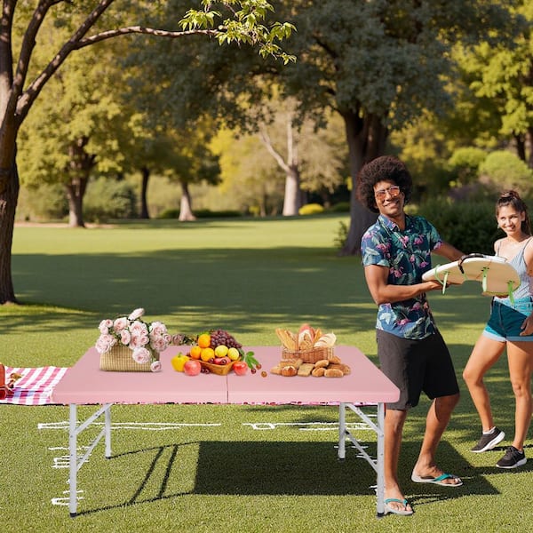 ミラノサローネ出展作品　Low board table super pink 49.2 in. Pink Rectangle Iron Picnic Tables, Outdoor Folding Table