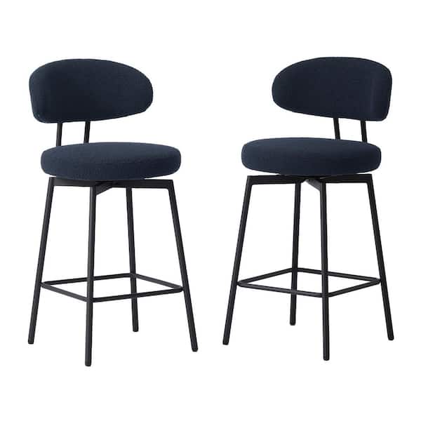 Bayville Modern 27 in. Faux Shearling Fabric Upholstered Metal Frame Swivel Kitchen Counter Stool (Set of 2), Navy Blue