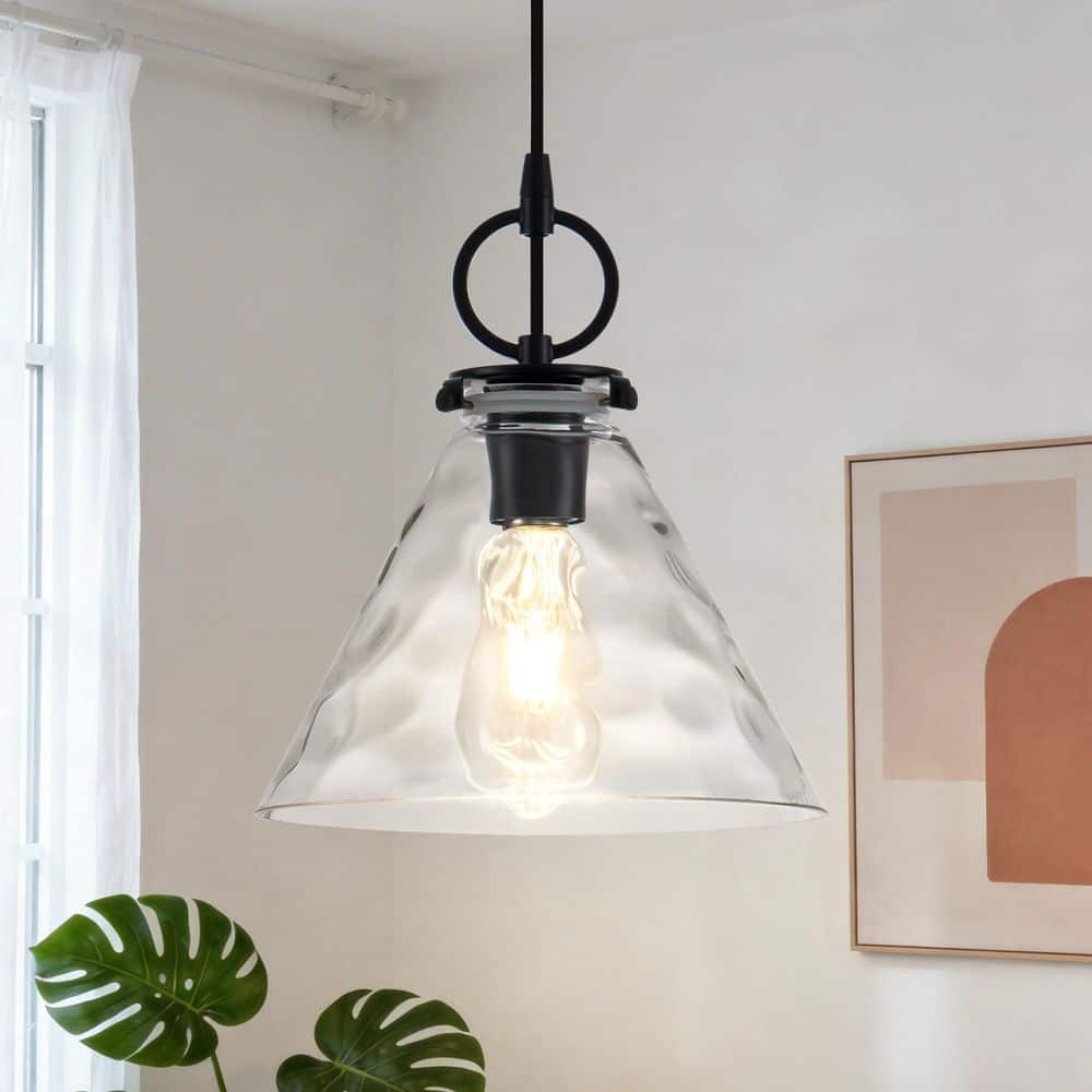 9.05 in. Modern Black Pendant Light for Kitchen Island Hammered Glass Cone Hanging Light with Woven Cord E26 price history on PriceWatchPro