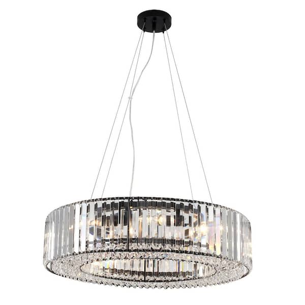 24. 8in. 8-Light Matte Black Drum Chandelier with Crystal Shade and No Bulbs Included For Kitchen Island Dinning Room