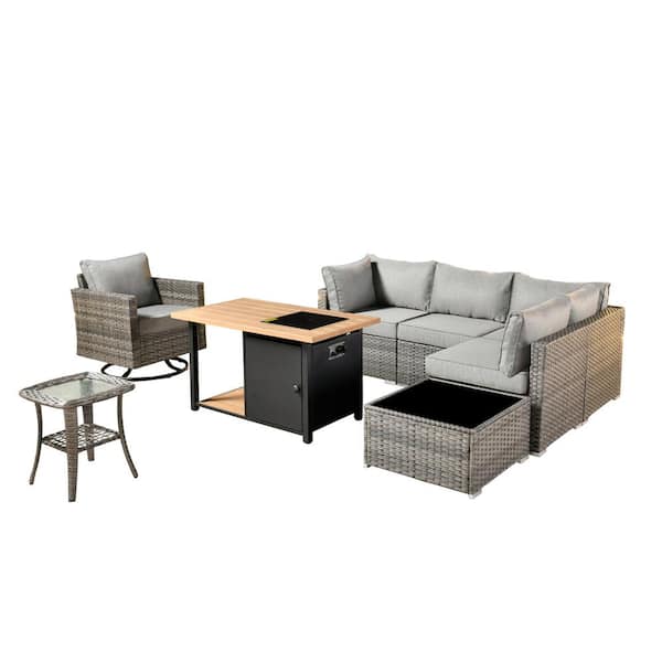 Sanibel Gray 8-Piece Wicker Patio Conversation Sofa Set with a Swivel Chair, a Storage Fire Pit and Dark Gray Cushions
