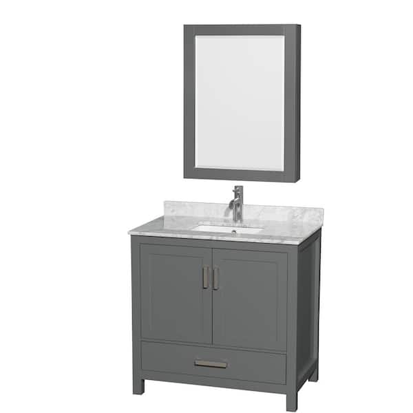 Wyndham Collection Sheffield 36 in. W x 22 in. D x 35 in. H Single Bath Vanity in Dark Gray with White Carrara Marble Top and MC Mirror