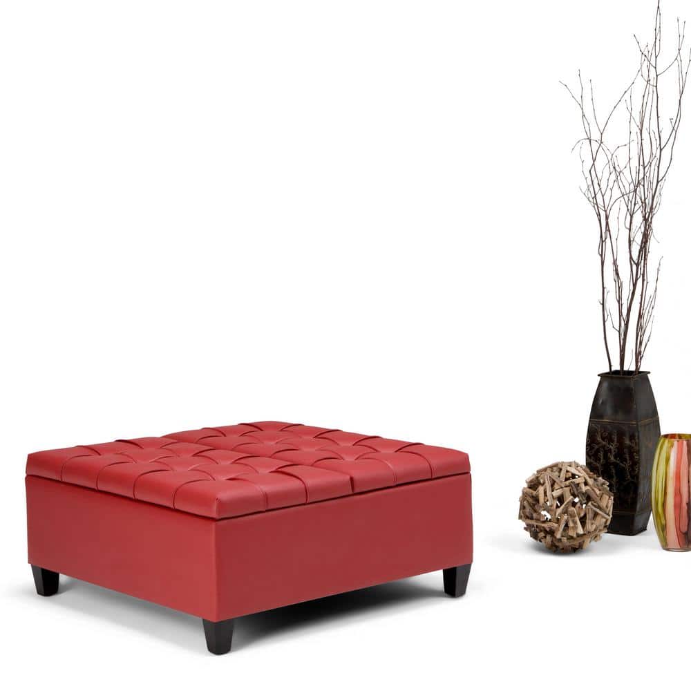 Crimson Red Tufted Faux Leather Cocktail Ottoman