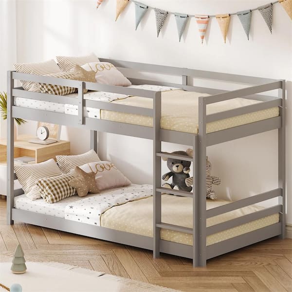 Gray Twin Kids Low Floor Bunk Bed with Guard Rails and Stairs