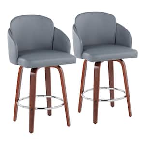 Dahlia 37 in. Grey Faux Leather and Walnut Wood Counter Height Bar Stool (Set of 2)