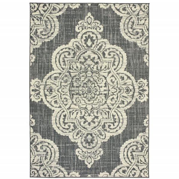 Gray, Ivory 5 ft. x 8 ft. Loomed Oriental Polypropylene Rectangle Indoor/Outdoor Area Rug