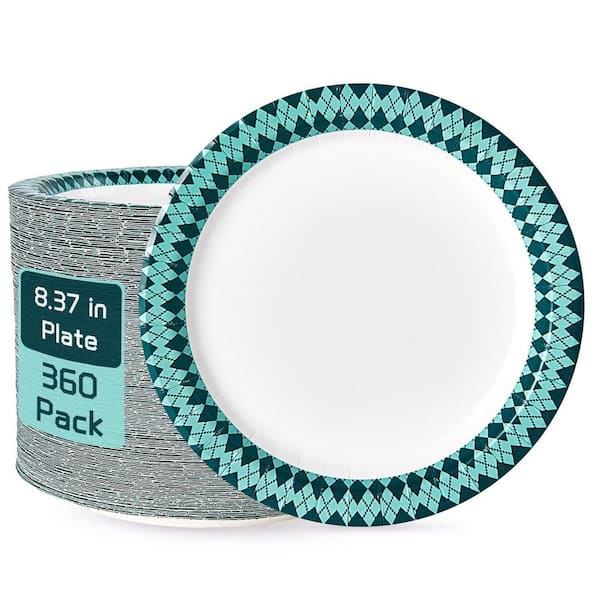 8.37 in. Classic Green Blue Uncoated BPA-Free Disposable Paper Plates, Soak Proof, Cut Proof for Daily Use (Set of 360)