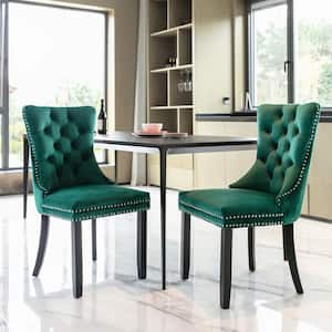 Green Velvet Dining Chair Set With with Wood Legs Nailhead Trim (Set of 4)