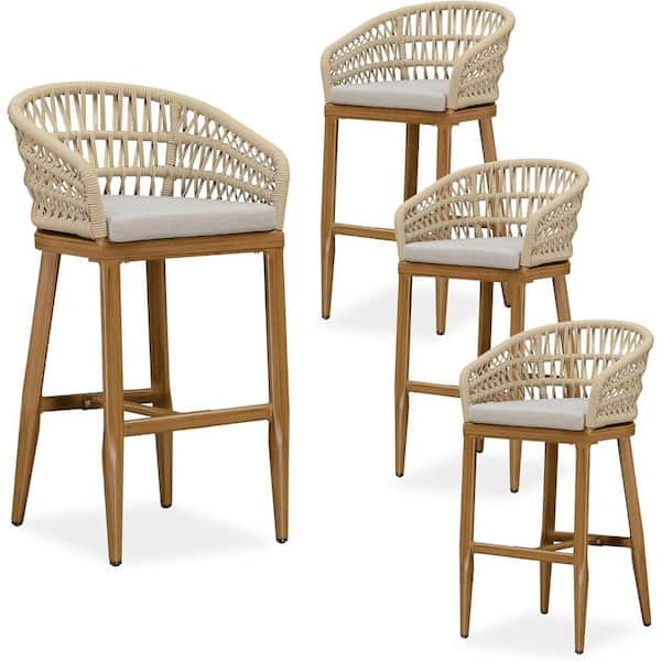 Modern Aluminum Rattan Bar Height Outdoor Bar Stool with Back and Beige Cushion (4-Pack)