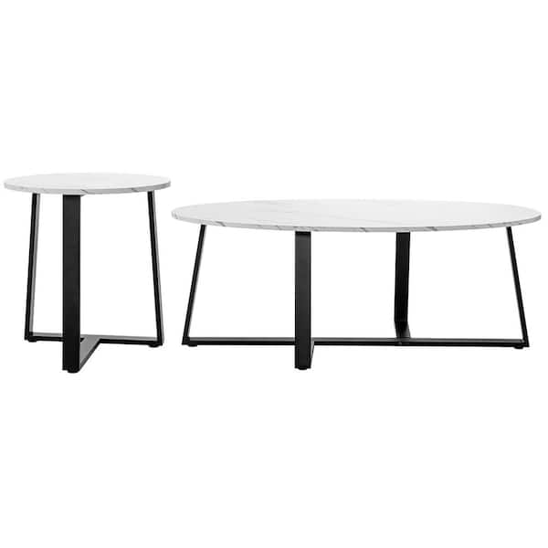 Costway 47 in. White Specialty Wood Coffee Table (Set of 2) Faux Marble Nesting Table Set For Living RoomandOffice
