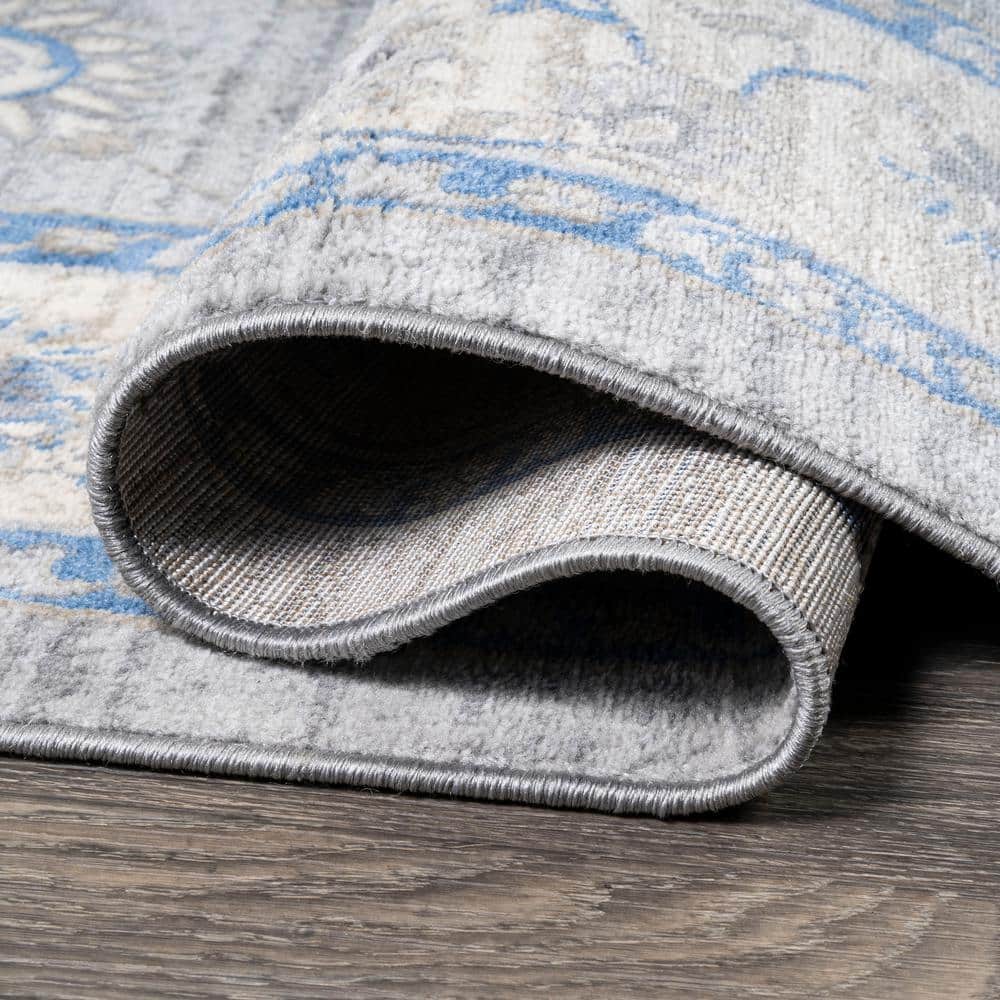Gray and Blue Floral Synthetic Runner Rug, 2 ft x 8 ft