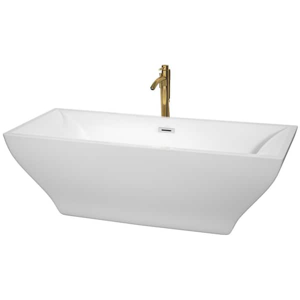 Wyndham Collection Maryam 71.5 in. Acrylic Flatbottom Bathtub in White with Polished Chrome Trim and Brushed Gold Faucet