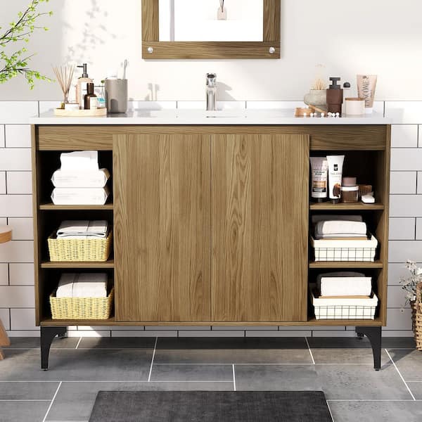 Light Brown Wood 48 in. Single Sink Freestanding Bath Vanity with White Resin Top