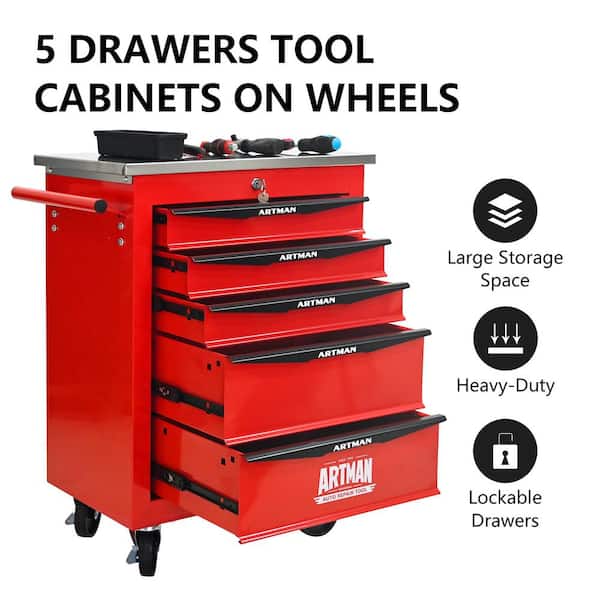 13.6 in. W 4-Drawer Rolling Metal Black and Red Tool Carts with Stainless Steel Roof and Steel Tool Storage Box