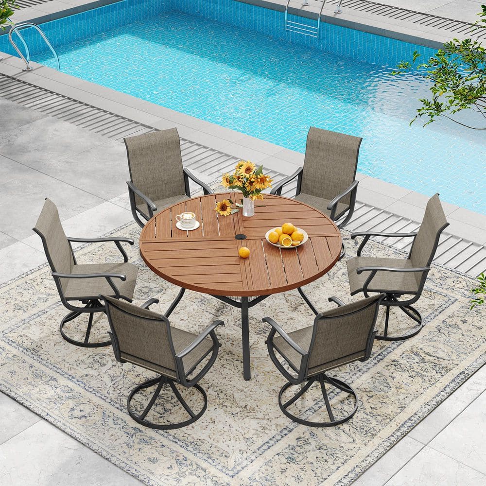 7-Piece Metal Outdoor Patio Dining Set with 47.2 Walnut Round Table and 6 Brown Textilene Swivel Chairs price history on PriceWatchPro