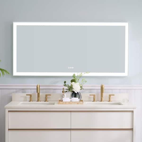 ANGELES HOME 60 in. W x 28 in. H Large Rectangular Heavy Duty Framed Wall Mount LED Bathroom Vanity Mirror in White, Anti-Fog, Plug