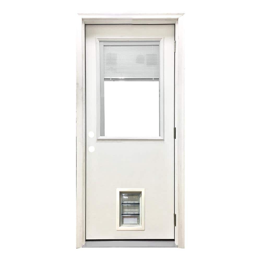 32 in. x 80 in. Reliant Series Clear Mini-Blind LHOS White Primed Fiberglass Prehung Front Door with Med Pet Door price history on PriceWatchPro