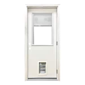 32 in. x 80 in. Reliant Series Clear Mini-Blind LHOS White Primed Fiberglass Prehung Front Door with Med Pet Door