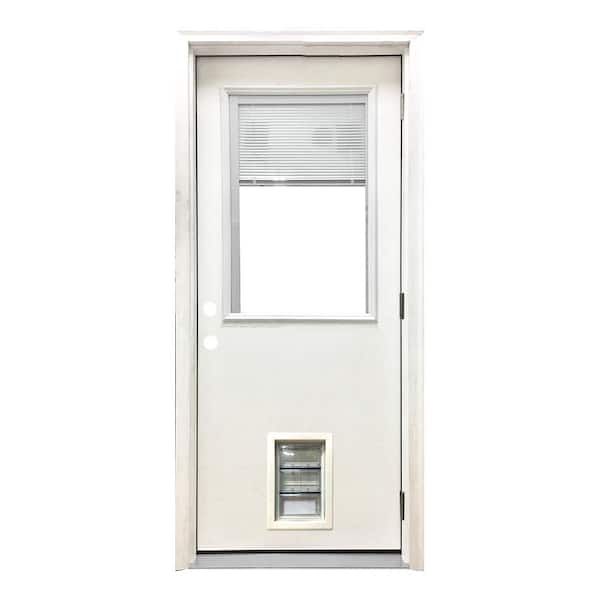 Steves & Sons 32 in. x 80 in. Reliant Series Clear Mini-Blind LHOS White Primed Fiberglass Prehung Front Door with Med Pet Door