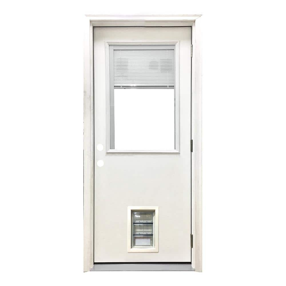 Steves & Sons 36 in. x 80 in. Reliant Series Clear Mini-Blind LHOS White Primed Fiberglass Prehung Front Door with Med Pet Door