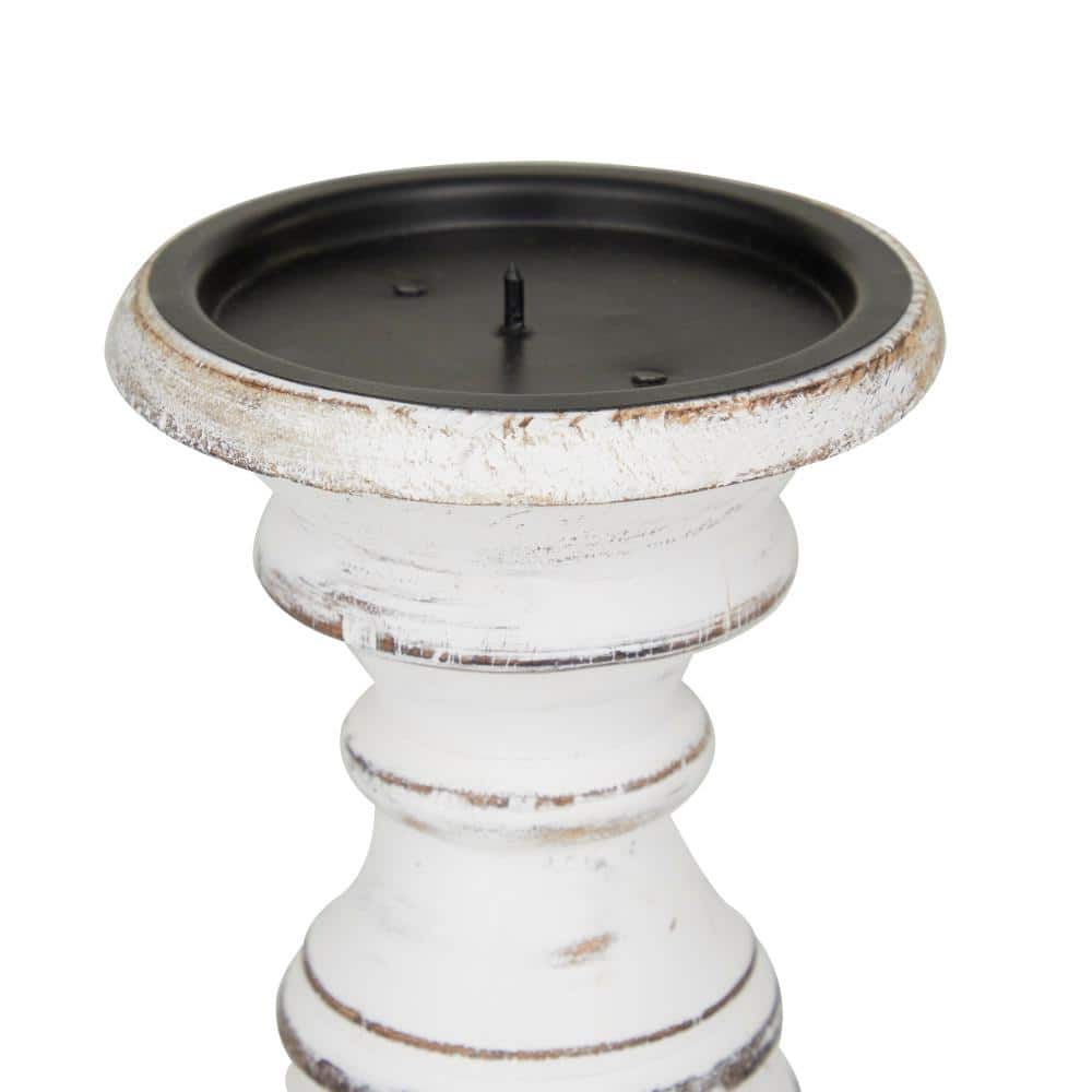 Set of 3 White Distressed Wood Pillar Candle Holders