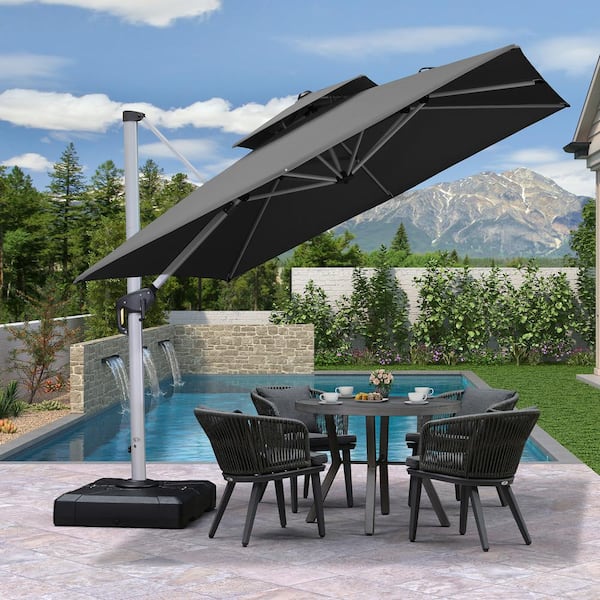 PURPLE LEAF 9 ft. Square High-Quality Aluminum Cantilever Polyester Outdoor Patio Umbrella with Base, Gray