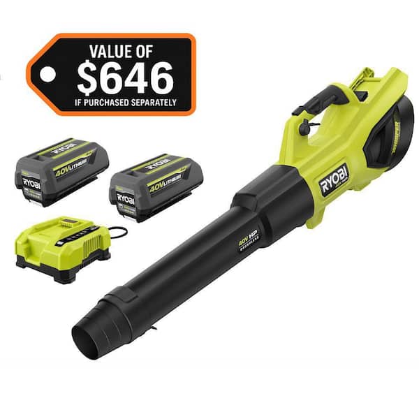 RYOBI 40V HP Brushless Whisper Series 190 MPH 730 CFM Cordless Battery Jet Fan Leaf Blower with (2) 4.0 Ah Batteries & Charger