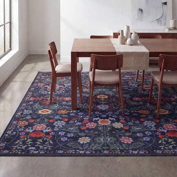 Primrose Art Nouveau Floral Border Machine-Washable Green/Pink 4 ft. x 6 ft. Area Rug