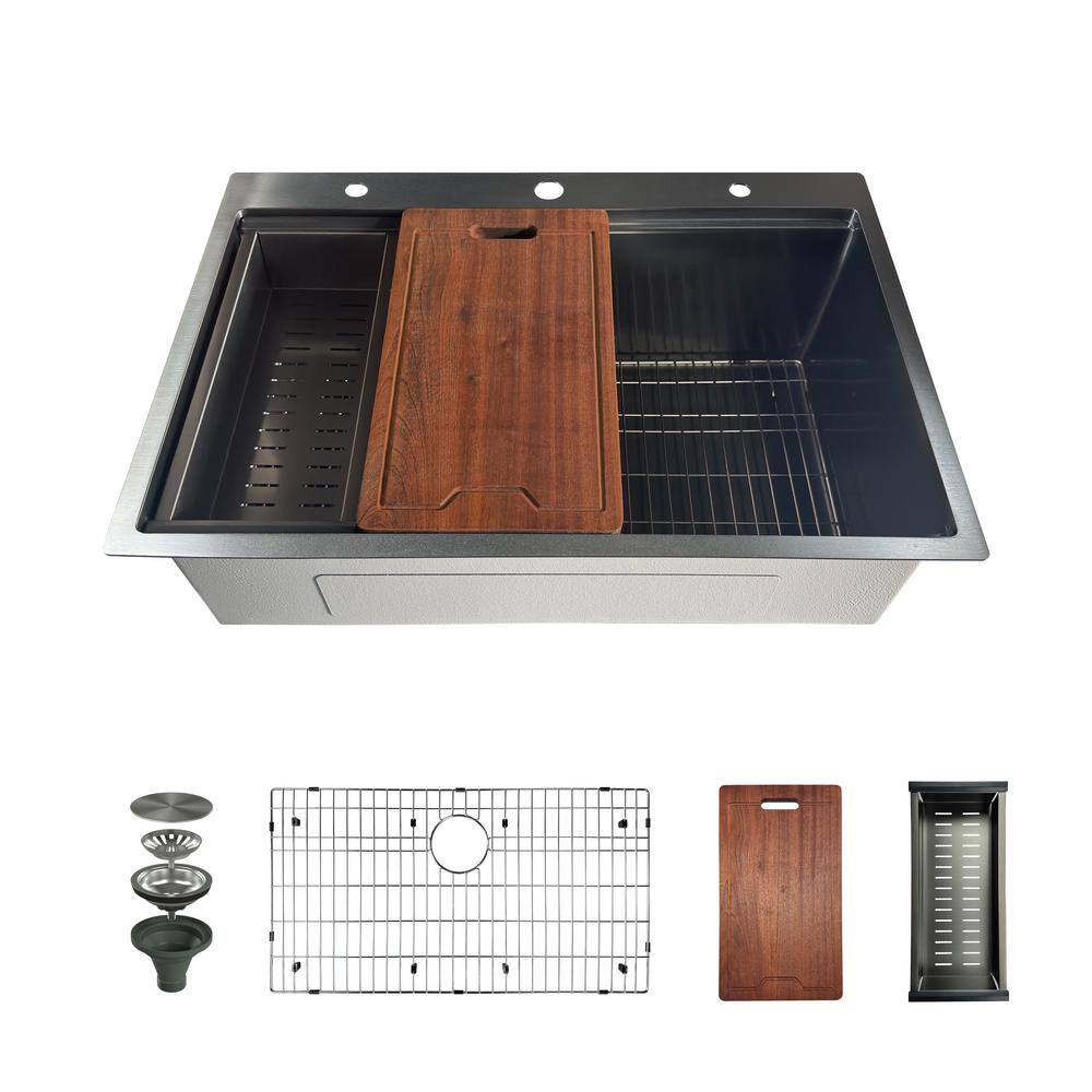 33" Gunmetal Black Stainless Steel Single Bowl Drop-In Workstation Sink