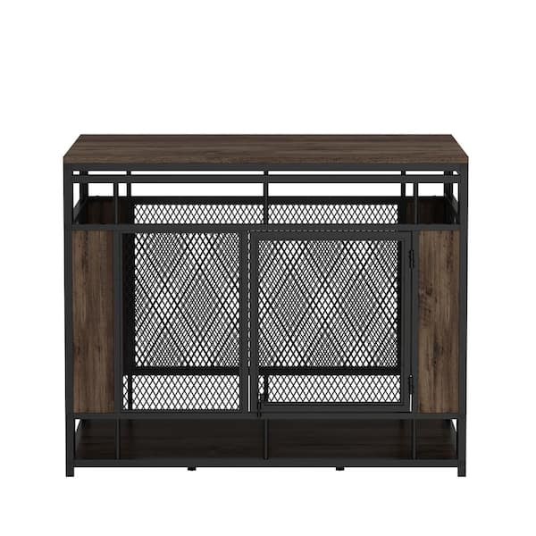 FUFU&GAGA Modern Indoor Dog Crate, Large Pet Crate End Table, Mesh and Wooden Dog Kennel with 2-Doors for Dogs, Walnut and Black