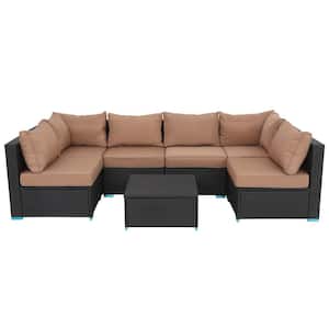 Black 7-Piece Wicker Patio Furniture Sets Outdoor Sectional Sofa Set Sectional with Brown Cushions and Table