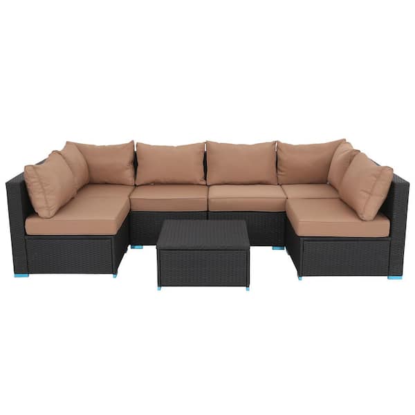GOOEEN Black 7-Piece Wicker Patio Furniture Sets Outdoor Sectional Sofa Set Sectional with Brown Cushions and Table