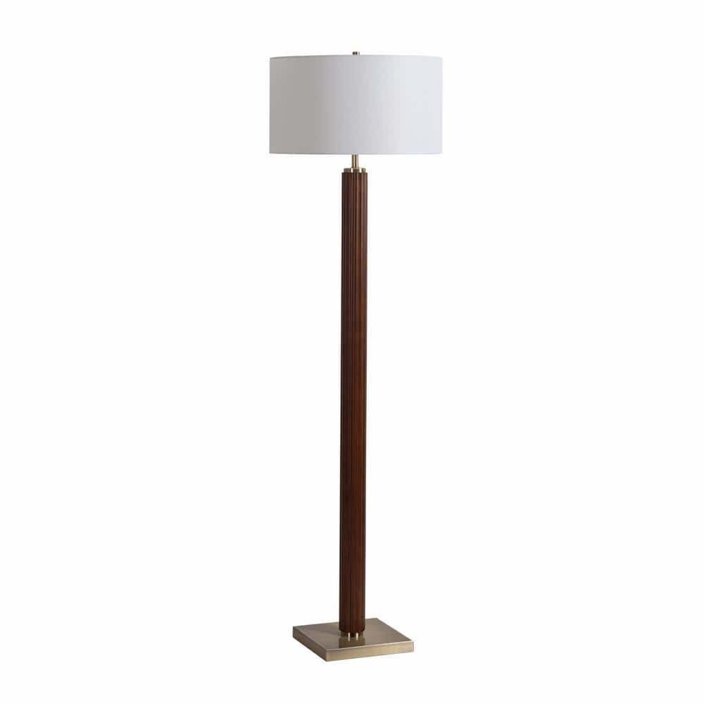 Dark Walnut and Brass Floor Lamp with White Linen Shade