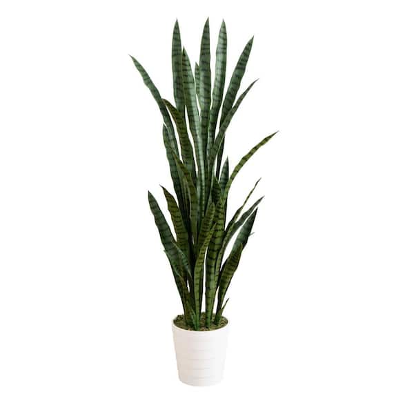 5 ft. UV Resistant Artificial Sansevieria Plant in White Decorative Planter (Indoor/Outdoor)