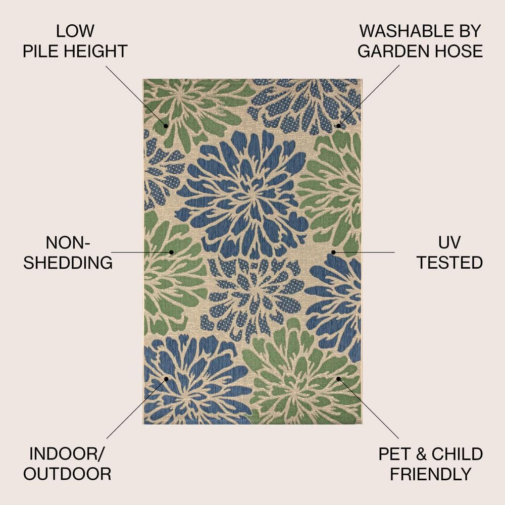 Zinnia Navy & Green Modern Floral Flatweave 3x5 Indoor/Outdoor Rug