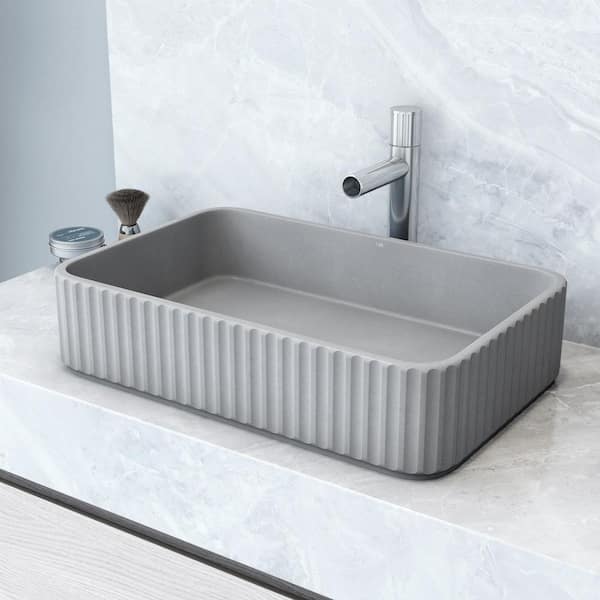 VIGO Windsor Modern Gray Concreto Stone 21 in. L x 14 in. W x 5 in. H Rectangular Fluted Bathroom Vessel Sink