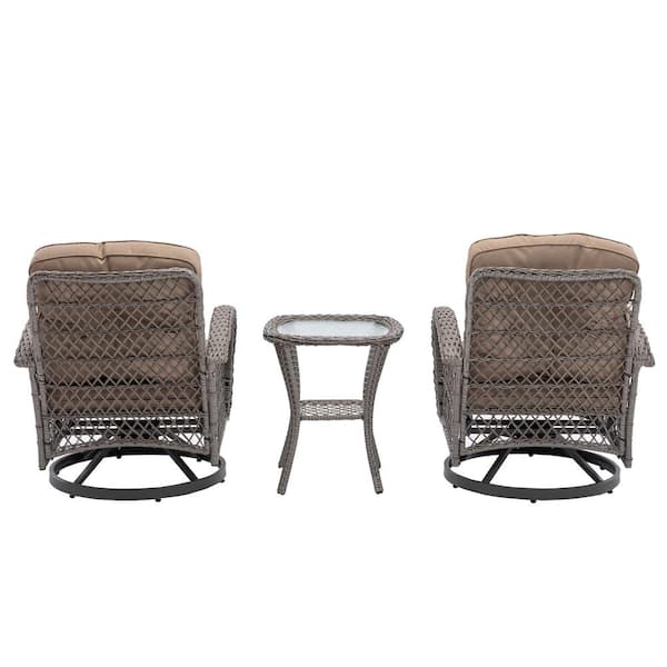 Tenleaf Grey 3-Piece Patio Wicker Conversation Set with Brown Cushions