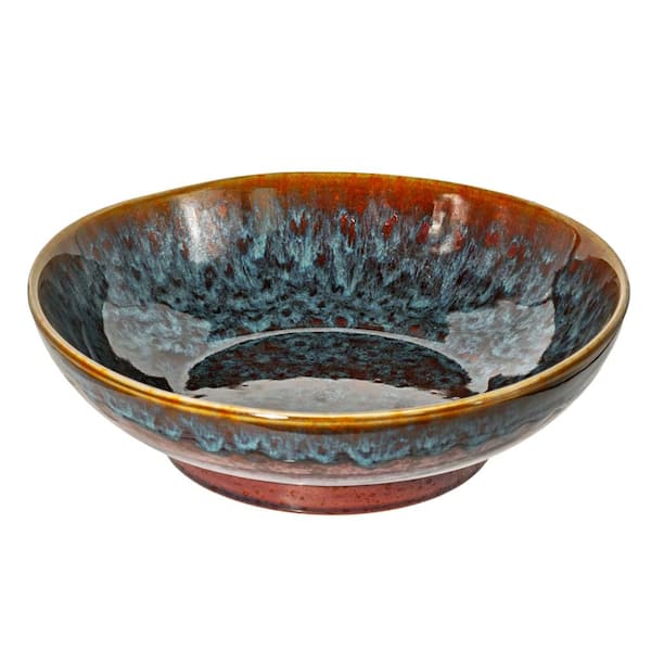 Ceramic Pedestal Fruit Bowl with Reactive Glaze, 10.2 Inch Wide Lead-Free Decorative Bowl for Kitchen