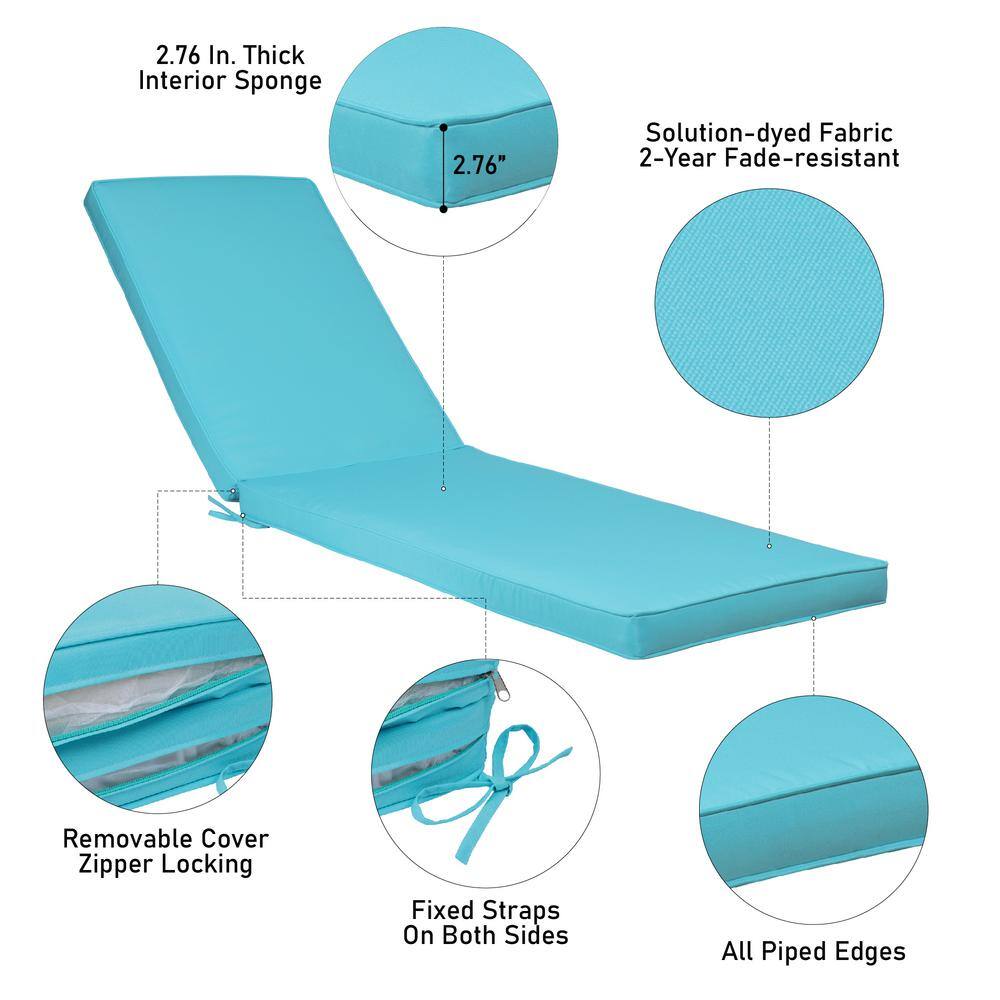 Sky Blue Foam Outdoor Chaise Lounge Cushion with Tie Attachment
