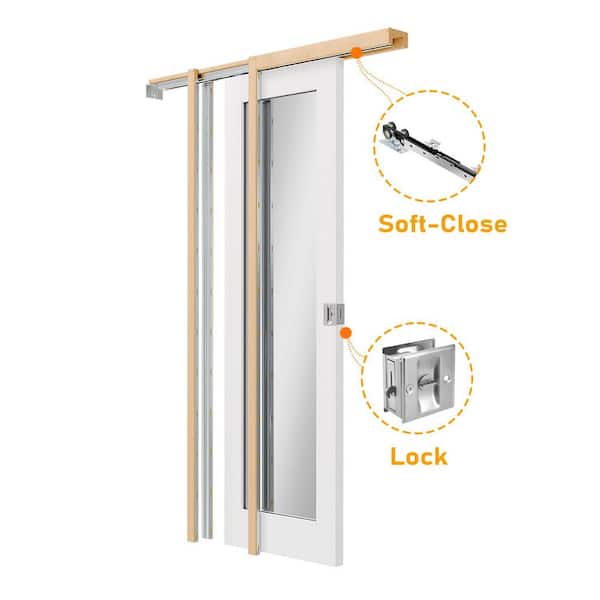 30 in. x 80 in. Full Lite Mirrored Glass White Primed Solid Wood Pocket Door with Lock, Soft Close, Frame and Hardware