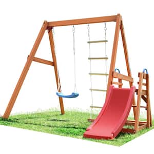 Wood Outdoor Swing Set with Swing, Climbing Rope ladders and Slide in Red