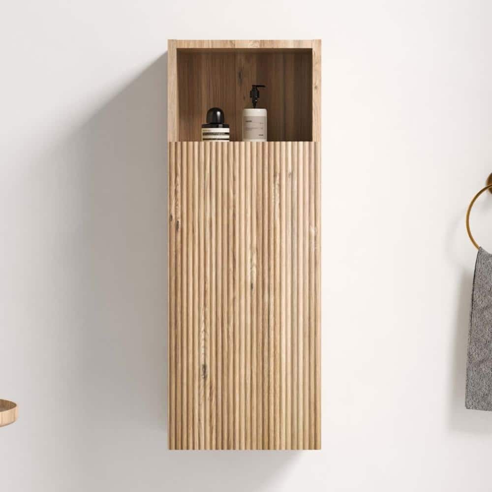 12 in. Floating Wall Mounted Bathroom Storage Cabinet with Fluted Door, Soft-Close Hinges, Oak Wood Finish price history on PriceWatchPro