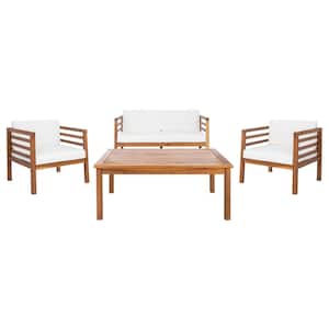 Kinnell Natural 4-Piece Acacia Wood Patio Conversation Set with Beige Cushions